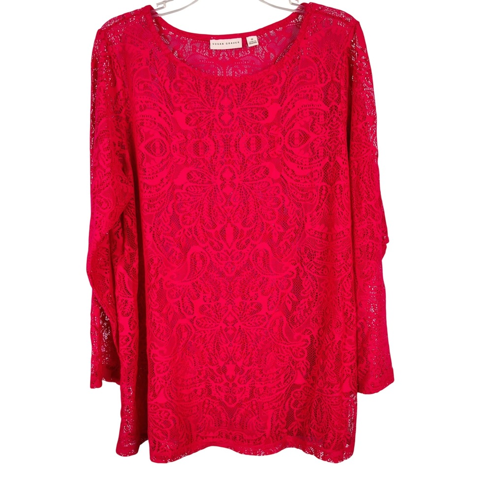 Susan Graver Womens 1X Lace Long Sleeve Tunic Top Red Floral Sheer Boho Coquette